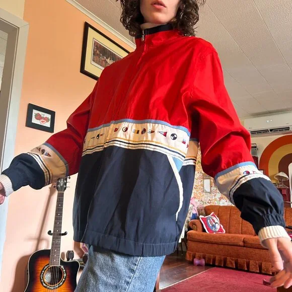 1990s retro color blocked embroidered drop sleeve windbreaker with boat flags - - Picture 11 of 13